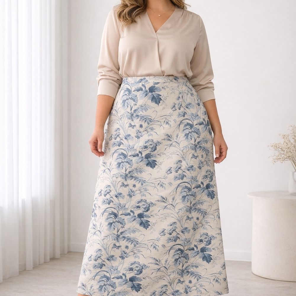 Talbots Size 18 Silk Linen Blue Floral Cream Maxi Skirt